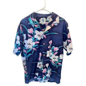 Vintage Kahala Hawaiian Shirt Mens Large Blue Floral Print Short Sleeve Cotton